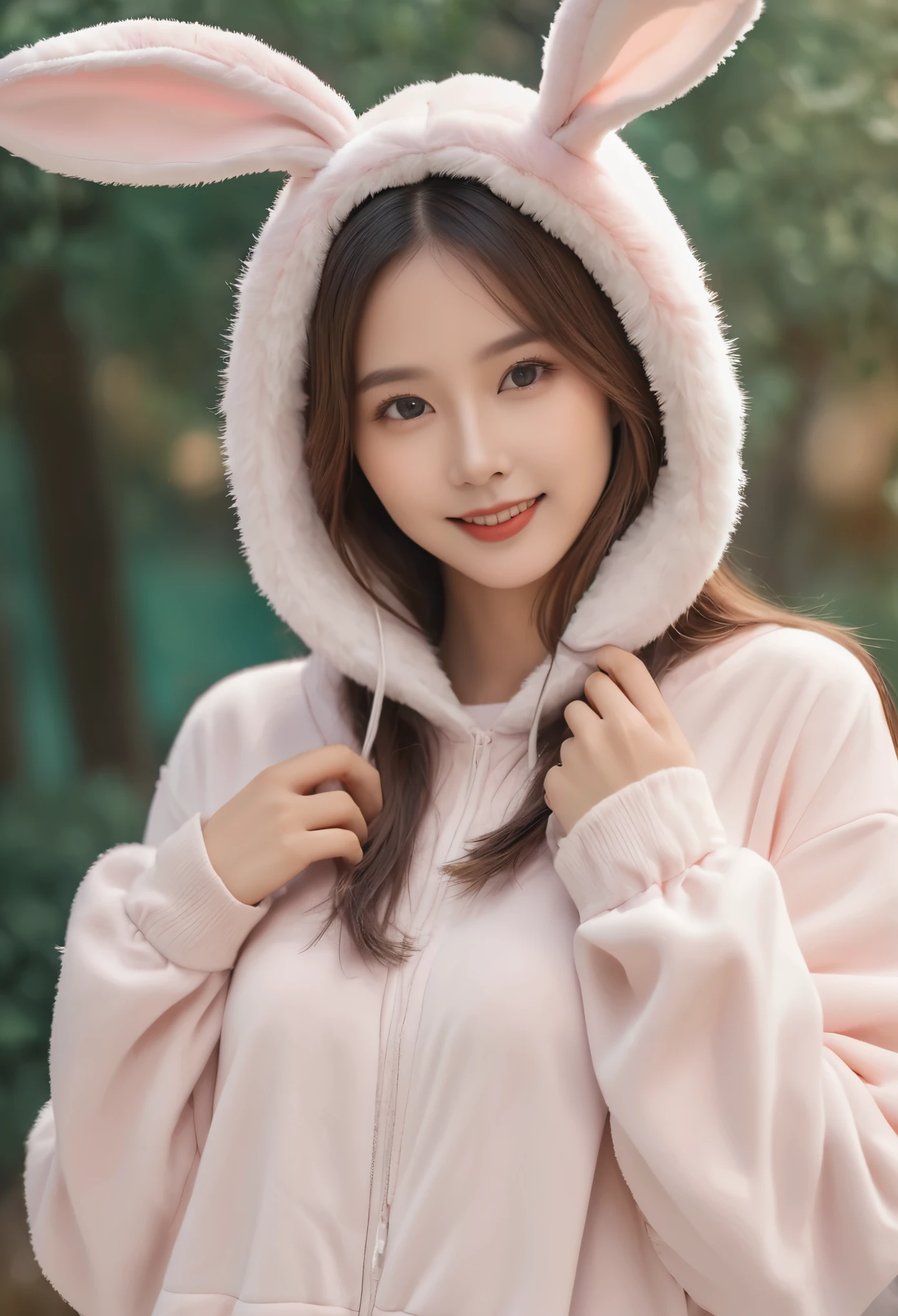A woman wearing a furry bunny costume，Wearing big rabbit ears, full-body shot, Wide Angle, Cute and full of childlike expression, Professional Portraits, Super Fine 8K, high resolution, Detailed facial features, Detailed clothing, soft light, Fantastic, fantasy, Soft colors, cute