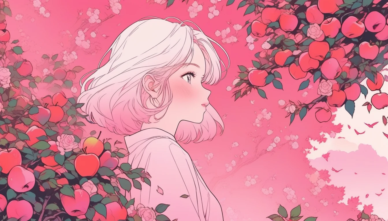 ilustrador, Japanese cartoons , Practical ,sketch , 1 Girl, ,lips, Order, pink gradient background, There are many apples on the rose trees around,Neon hair,Texture cropping, Canada, (In the flowers,best quality),16:9 Landscape screen,