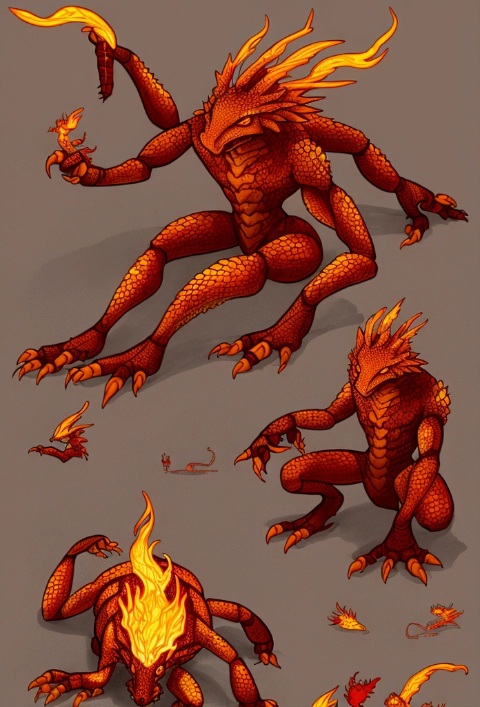 Fire creature, hybrid, fire ant, fire lizard, axolotl, big, six legs, in cave, fire