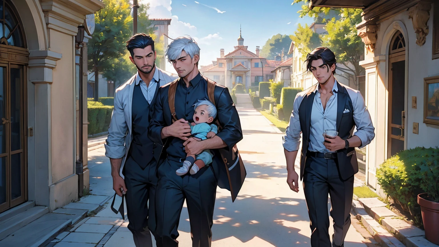 (((masterpiece))), ((Highest quality)), ((Super detailed)), (CG illustration), Happy parent-child scene。The resurrected form of Emperor Constantine and the twins Crispus and Fausta.、Father and son landscape。「Varna, Bulgaria、Under the clear blue sky、A summer evening where a stylish modern mansion shines。As the bright sunlight envelopes the sea and the mansion、A young father in his 30s hugs his twin sons tightly and warmly on his way home from work。The father's face was filled with deep love, retribution and forgiveness.、I can see the look of relief on his face, having overcome his past mistakes.。The children have innocent, naive smiles、He buried his face in his father's shoulder and looked relieved.。Light and shadow gently intersect、A scene that creates a warm and moving atmosphere overall.。」Love。Love, forgiveness, healing and purification。Detailed and delicate。lyrical。Heartful Modern。Gorgeous。elegant。masterpiece。super high quality。, beauty, brilliance, ultra-high quality, ultra-high resolution, Ultra-fine, ultra-beautiful, a masterpiece.masterpiece。I'm in love with you,