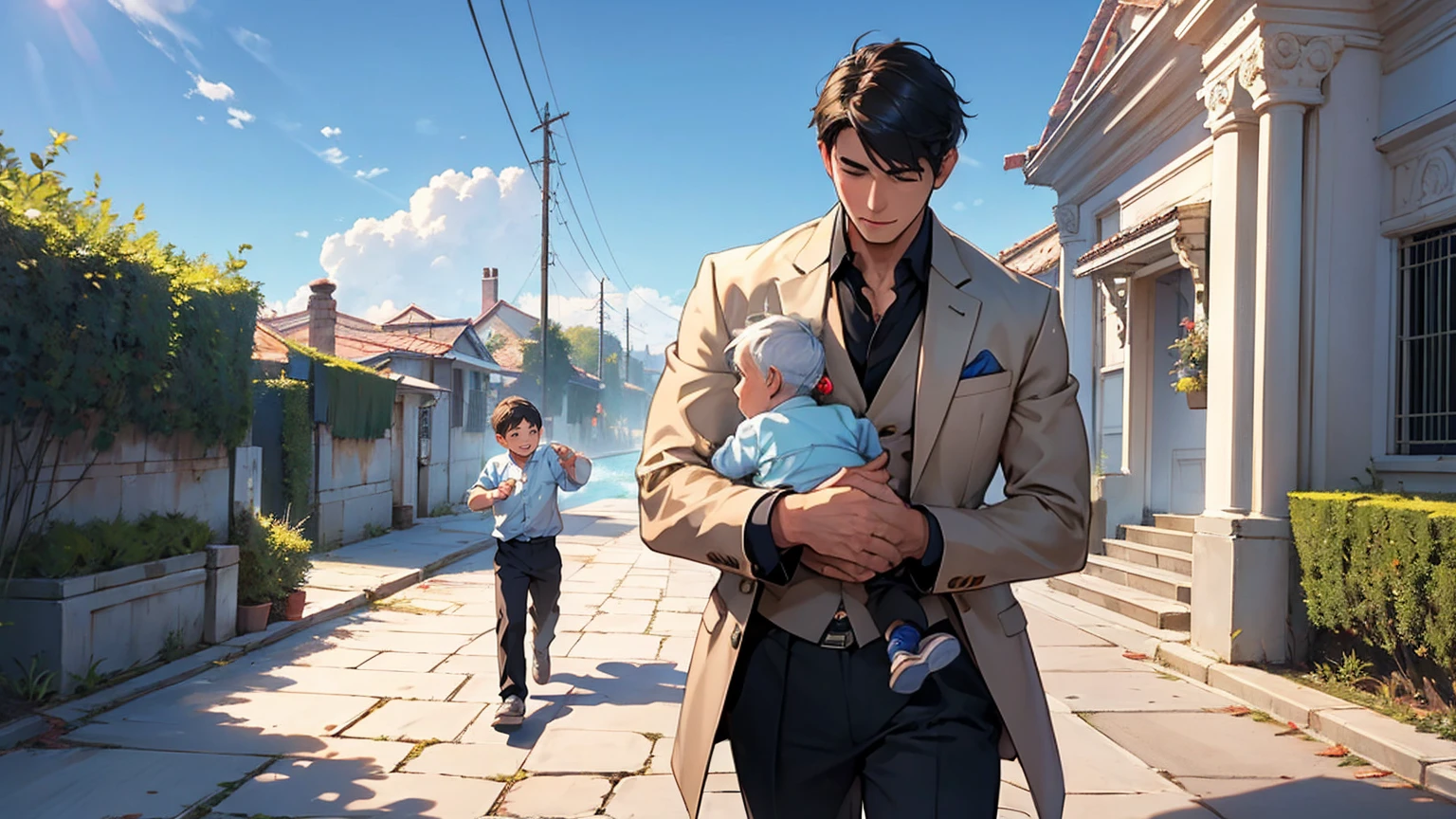 (((masterpiece))), ((Highest quality)), ((Super detailed)), (CG illustration), Happy parent-child scene。The resurrected form of Emperor Constantine and the twins Crispus and Fausta.、Father and son landscape。「Varna, Bulgaria、Under the clear blue sky、A summer evening where a stylish modern mansion shines。As the bright sunlight envelopes the sea and the mansion、A young father in his 30s hugs his twin sons tightly and warmly on his way home from work。The father's face was filled with deep love, retribution and forgiveness.、I can see the look of relief on his face, having overcome his past mistakes.。The children have innocent, naive smiles、He buried his face in his father's shoulder and looked relieved.。Light and shadow gently intersect、A scene that creates a warm and moving atmosphere overall.。」Love。Love, forgiveness, healing and purification。Detailed and delicate。lyrical。Heartful Modern。Gorgeous。elegant。masterpiece。super high quality。, beauty, brilliance, ultra-high quality, ultra-high resolution, Ultra-fine, ultra-beautiful, a masterpiece.masterpiece。I'm in love with you,