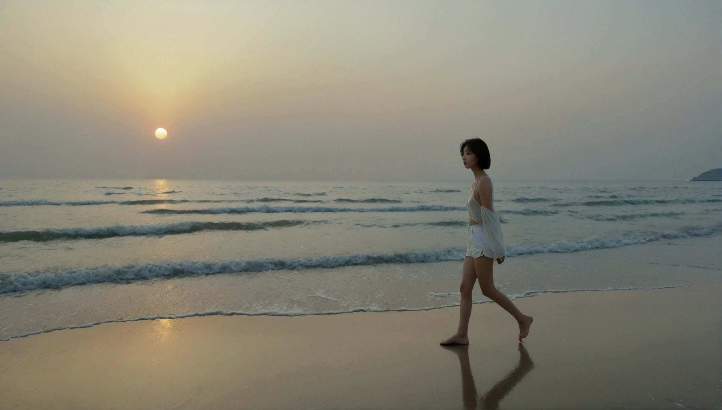 K, Vivid picture quality, Vivid picture quality, long deserted beach, Full body shot from a distance with a wide angle lens, Short hair, beautiful appearance, Model-like body, Short and slim Korean woman, sunset의 붉은 빛, sunset, alone, afternoon, depressed, tide가 밀려온다, ocean, tide, wind, Clear picture quality, tower, White shorts, Look at the camera, Short hair, Walking on the beach