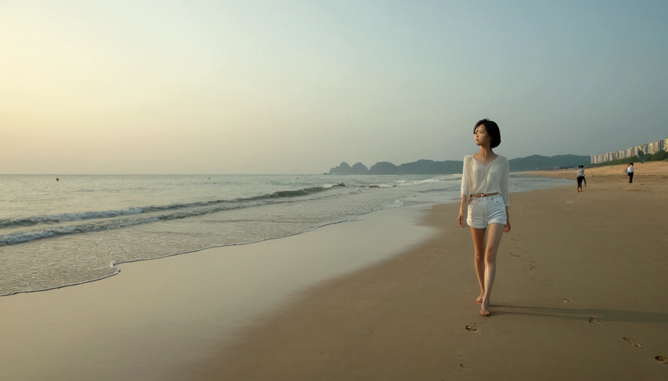 K, Vivid picture quality, Vivid picture quality, long deserted beach, Full body shot from a distance with a wide angle lens, Short hair, beautiful appearance, Model-like body, Short and slim Korean woman, sunset의 붉은 빛, sunset, alone, afternoon, depressed, tide가 밀려온다, ocean, tide, wind, Clear picture quality, tower, White shorts, Look at the camera, Short hair, Walking on the beach