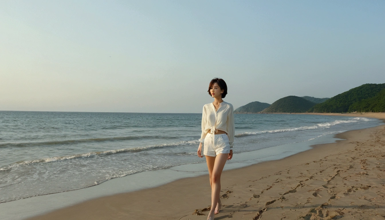 K, Vivid picture quality, Vivid picture quality, long deserted beach, Full body shot from a distance with a wide angle lens, Short hair, beautiful appearance, Model-like body, Short and slim Korean woman, sunset의 붉은 빛, sunset, alone, afternoon, depressed, tide가 밀려온다, ocean, tide, wind, Clear picture quality, tower, White shorts, Look at the camera, Short hair, Walking on the beach