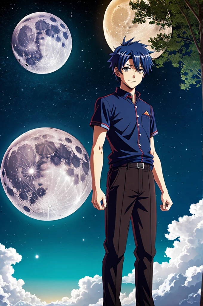 anime boy stand in the front of moon 