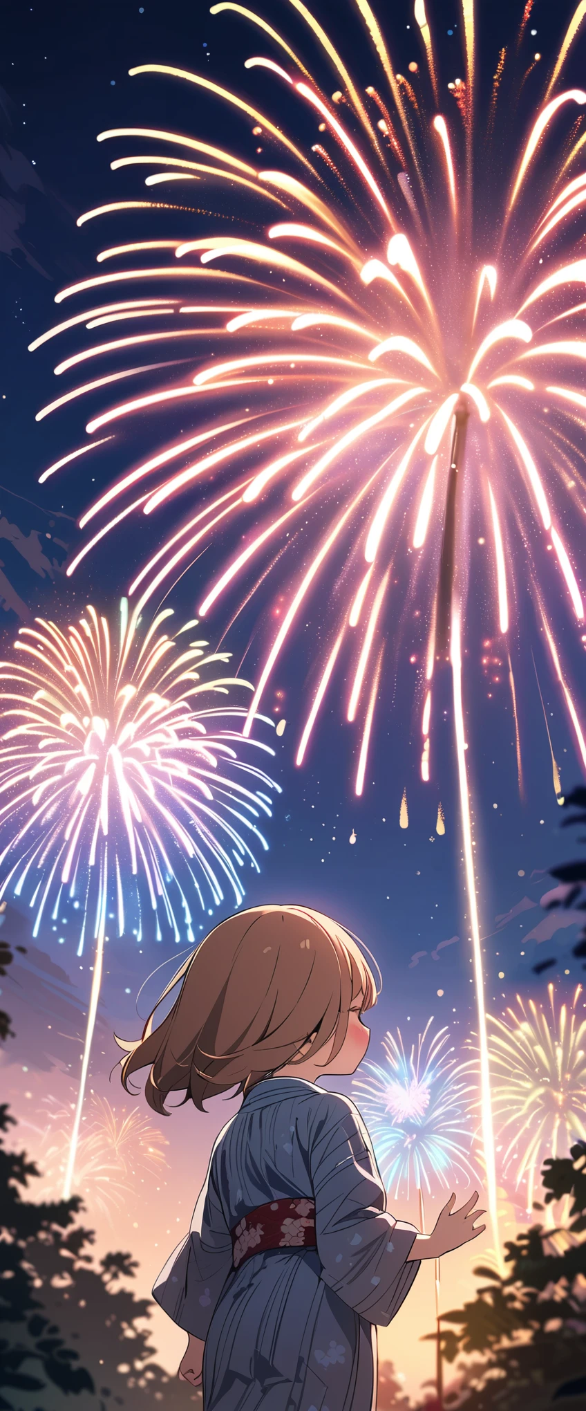 (masterpiece:1.2),(Highest quality),(Very detailed),(High resolution),8k,wallpaper,(1 female:1.5),Anime illustration,Chibi Character,cute,Girl in yukata,Look up at the sky and watch the fireworks,Back view,break((Fireworks fill the night sky,beautiful Fireworks,Colorful fireworks)),(Beautiful night sky),(Happy expression:1.5),((From below)),(dynamic),Raise your arms,(Fine hand)