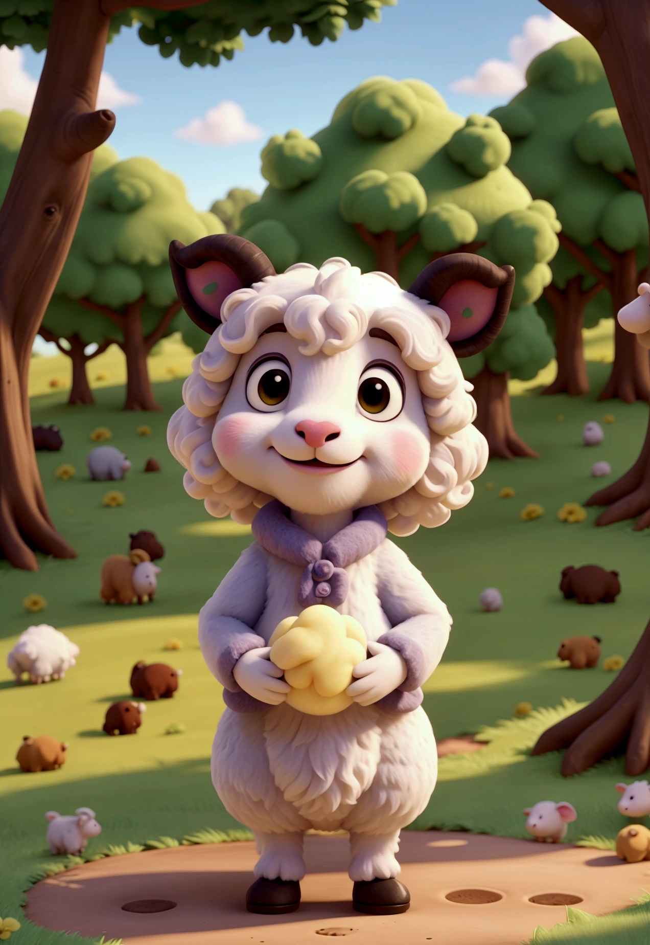 Cartoon character of a little sheep, grazing in enchanted forest