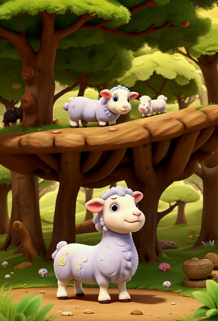 Cartoon character of a little sheep, grazing in enchanted forest 