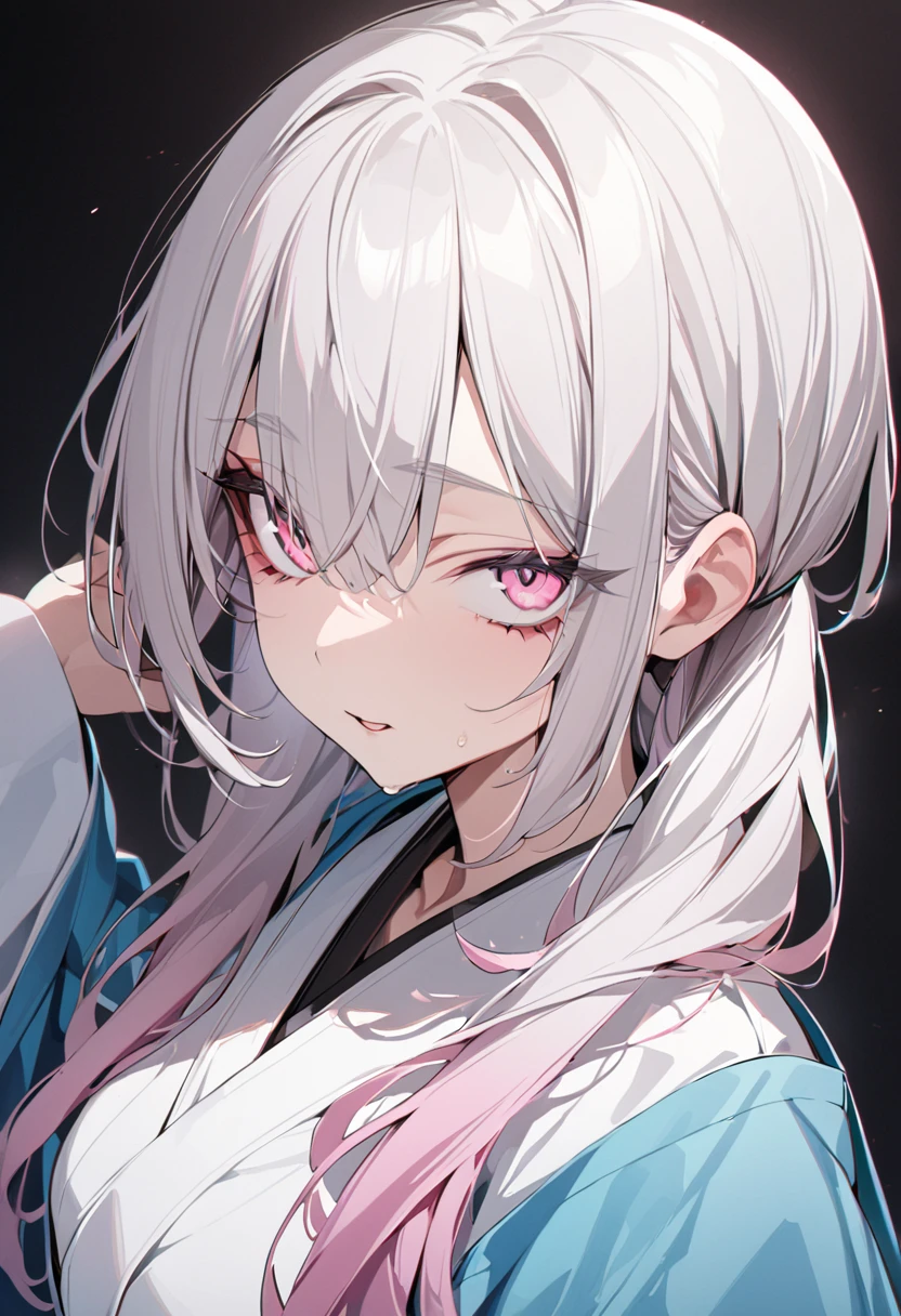 One girl, masterpiece, best quality, beautiful, big eyes, light pink eyes, white hair, pink extensions, moe sleeves, haori, kimono, black background