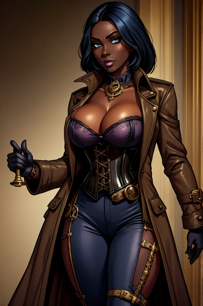 Butch Henchwoman, black skin, drow,brass,coat,steampunk,corset,straps
