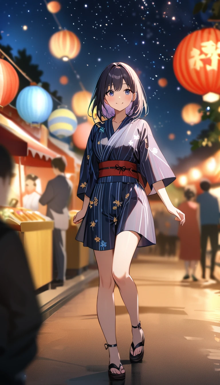 Young woman enjoying the summer festival,night, Starry Sky,Cute Yukata,Gazing at the sky,Blur the background,high school girl,smile,Highest quality, 8k, High resolution, masterpiece:1.2, Very detailed, 、whole body、whole body