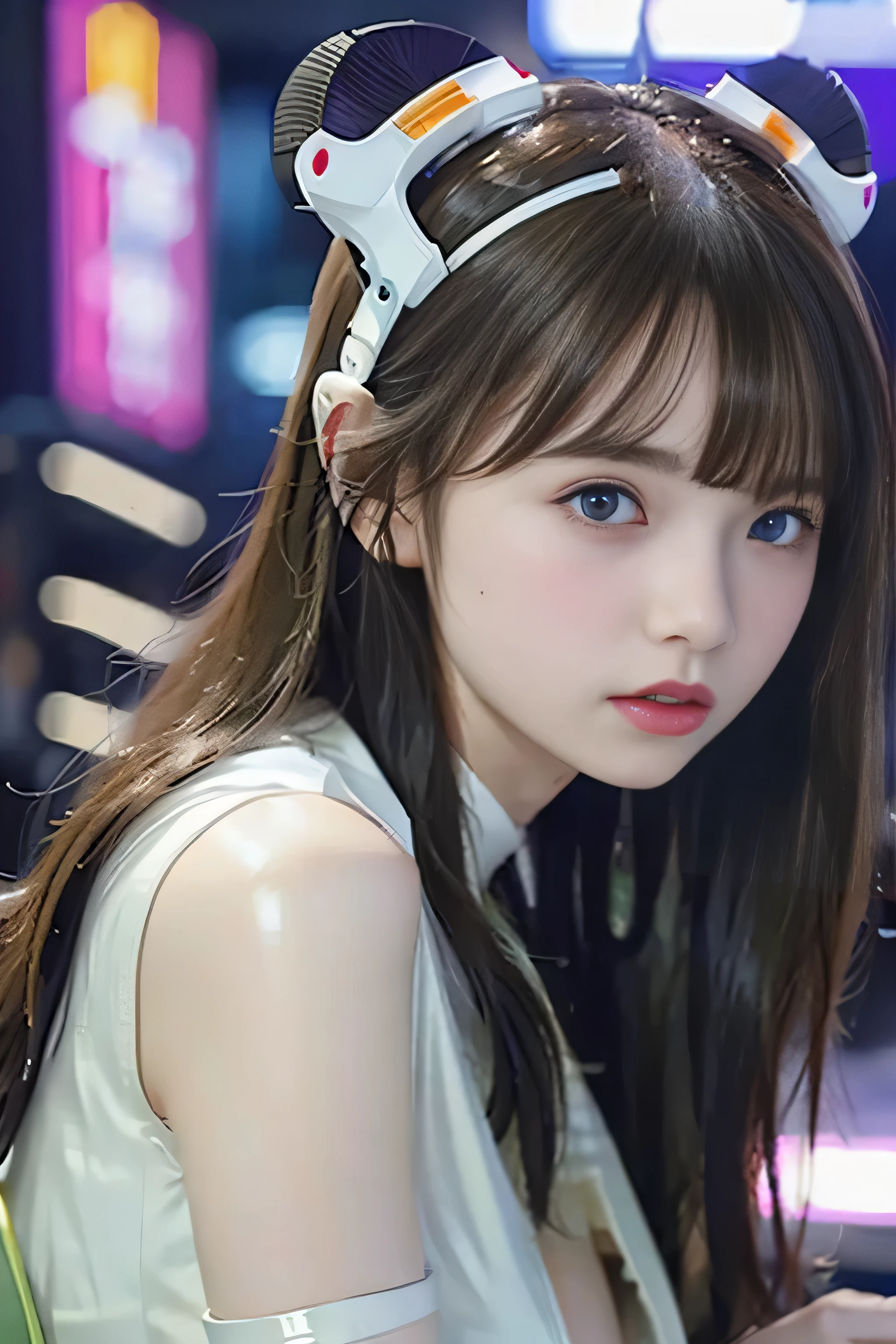 Highest quality、masterpiece、Ultra-high resolution、(Photorealistic:1.4)、RAW Photos、One Girl、14 years old, Glowing Skin、Put the headset on your head、((Ultra-Realistic Details))、Portrait、Global Illumination、Shadow、Octane Rendering、8k、Super sharp、((Delicate body type))、Hair ornament of the future、((Wear a thin white latex shirt on bare skin:1.4))、Slender figure, Cleavage、((Huge boobs:1.4))、(Sunburned skin:1.4)、Very intricate details、Realistic Light、Metallic Shine、CGSoation Trend、(Purple eyes:1.4)、(Shining Eyes)、To the camera、Neon Details、Sit on、Cyberpunk Background、Small LED Lamp、(Pink and green lighting from behind)、