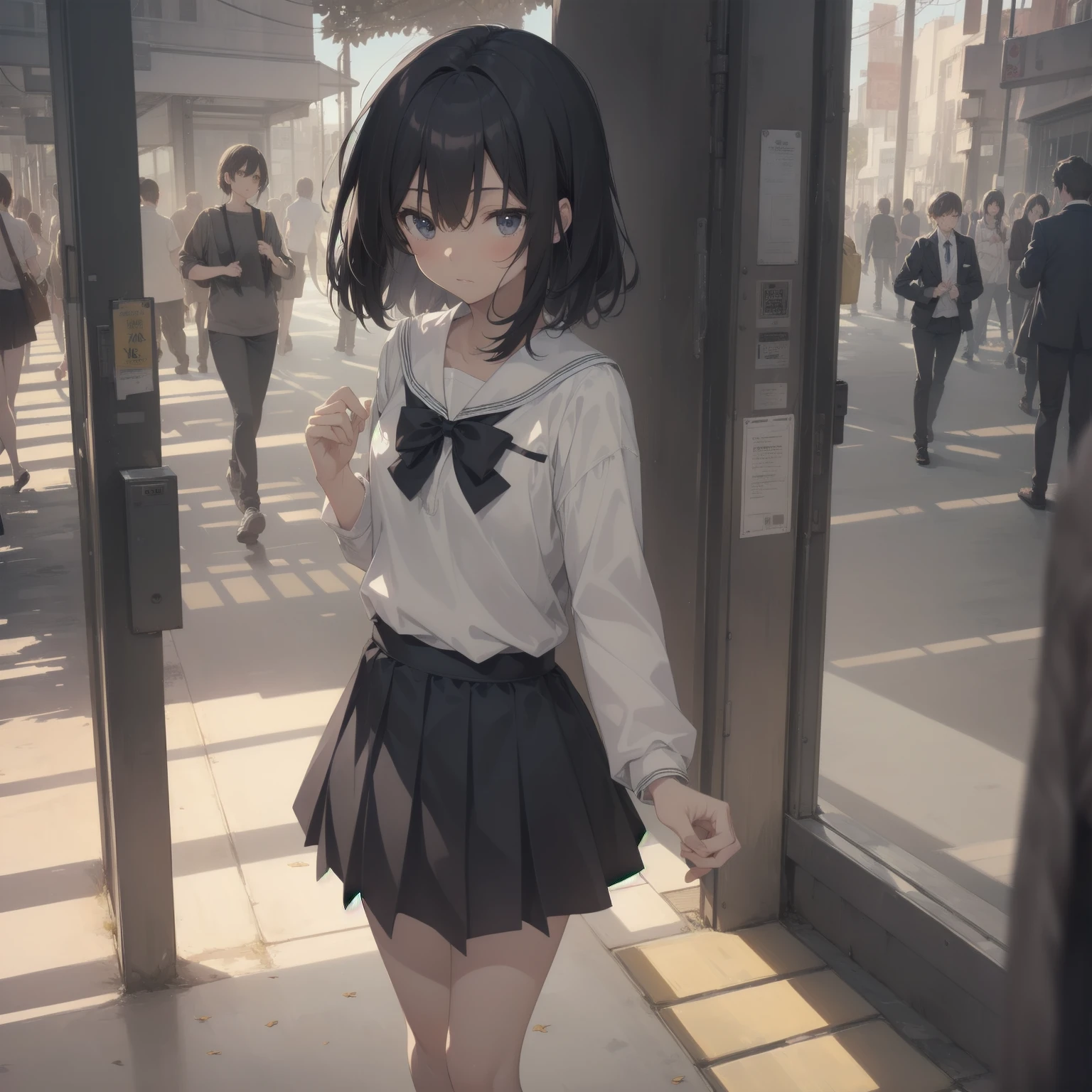 ultra-absurdres-Top quality by artist God, ultra-detailed, high resolution, anime moe artstyle, best anime 8k konachan wallpaper, pixiv contest winner, pool:2810, perfect anatomy,break, 1girl, (Please draw a girl walking sleepily to school alone. )break,(Solo,little female, 13-year-old:1.3),Full limbs, complete fingers,a junior high school student, (very short hair), short cut, flat chest, , small butt, small black eyes, beautiful detailed eyes, well-proportioned iris and pupils, expressive eyes, highres detailed hair, soft expression, salor school_uniform, sailor collar, serahuku, bow, pleated skirt,(Detailed Lighting), (Detailed background), in the School commute route. break,super detailed skin, Best cinematic lighting powered by famous artist, 8k,beauty illustration,photoshop_(medium),very aesthetic,break,((artist:yuuhagi_(amaretto-no-natsu) )), artist:clamp ,artist:carnelian ,artist:kantoku ,