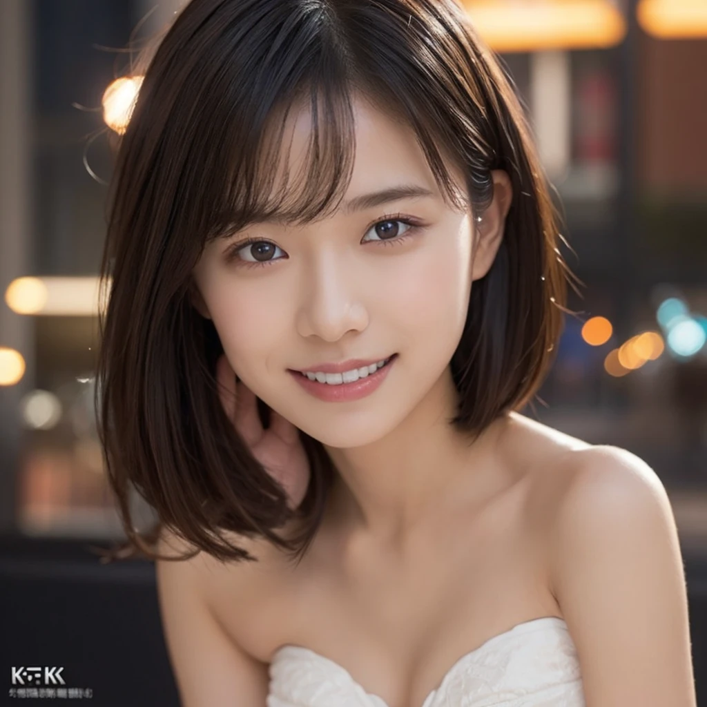 One Girl, (White Strapless Bra:1.2), (Very small breasts)、(RAW Photos, Highest quality), (Realistic, Realistic:1.4), Tabletop, Very delicate and beautiful, Very detailed, 2k wallpaper, wonderful, In detail, Very detailedな CG Unity 8K 壁紙, Very detailedな, High resolution, Soft Light, Beautiful detailed girl, Very detailedな目と顔, Beautiful and detailed nose, Beautiful details, Cinema Lighting, City lights at night, Perfect Anatomy, Slender body, smile,Completely naked