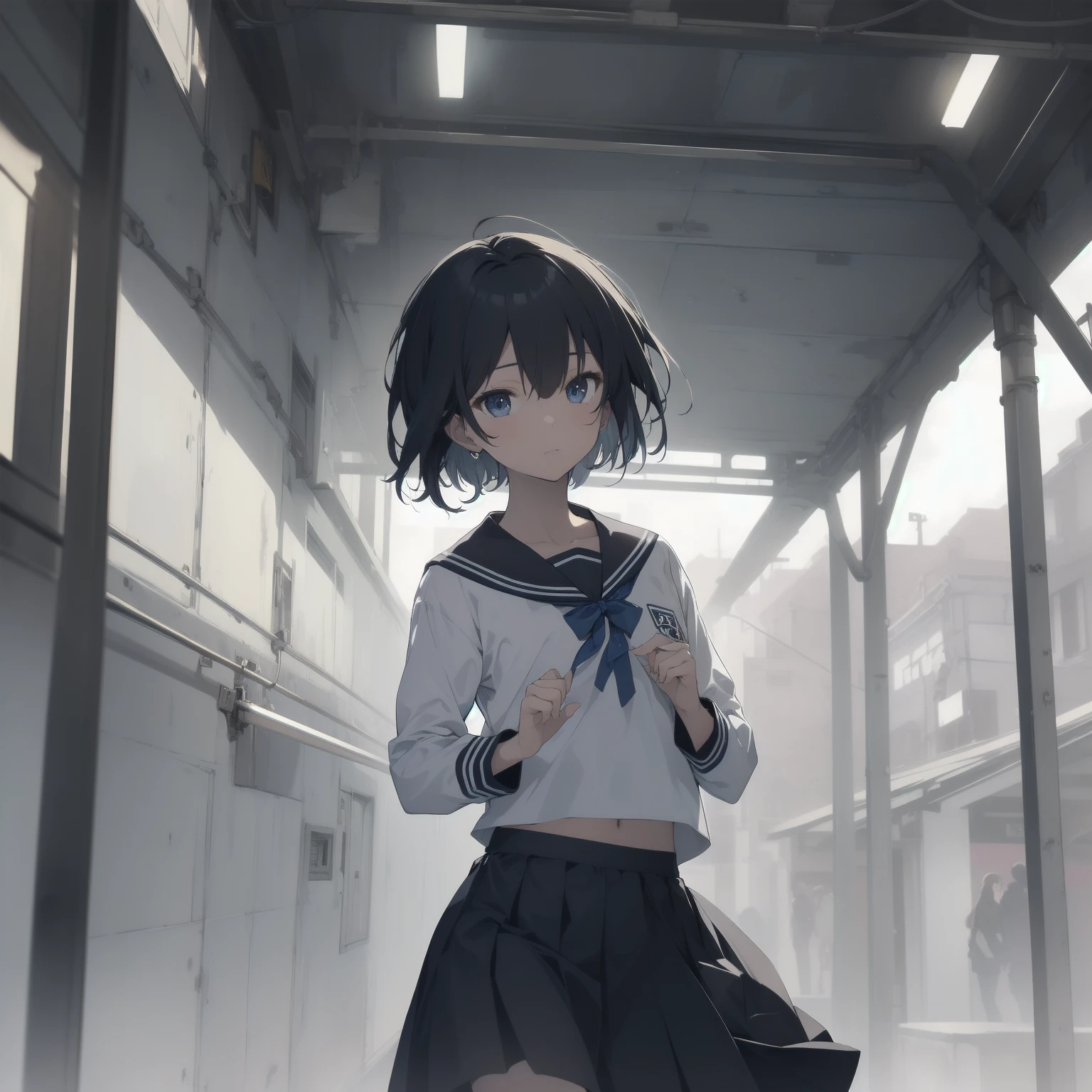 ultra-absurdres-Top quality by artist God, ultra-detailed, high resolution, anime moe artstyle, best anime 8k konachan wallpaper, pixiv contest winner, pool:2810, perfect anatomy,break, 1girl, (Please draw a girl walking sleepily to school alone. )break,(Solo,little female, 13-year-old:1.3),Full limbs, complete fingers,a junior high school student, (very short hair), short cut, flat chest, , small butt, small black eyes, beautiful detailed eyes, well-proportioned iris and pupils, expressive eyes, highres detailed hair, soft expression, salor school_uniform, sailor collar, serahuku, bow, pleated skirt,(Detailed Lighting), (Detailed background), in the School commute route. break,super detailed skin, Best cinematic lighting powered by famous artist, 8k,beauty illustration,photoshop_(medium),very aesthetic,break,((artist:yuuhagi_(amaretto-no-natsu) )), artist:clamp ,artist:carnelian ,artist:kantoku ,