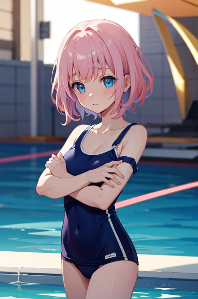 school swimwear、Acme Face、Random pose、, Medium Hair、、Pale blue eyes、Pink Hair、nsfw、Highest quality、1 girl、solo、Ocean、Sandy Beach、Sexy pose、Random pose、Blushing、Wet、Embarrassed、I can see half of my 、、One piece swimsuit、(Strap slip:1.3)、School Swimsuit、school swimwear