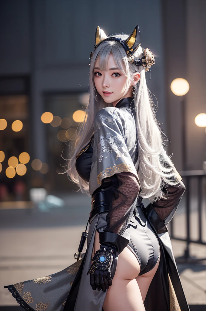 Woman portrait、Highest quality、Rear view、8k, clear, Fine skin、Clear, beautiful eyes、whole body、Curly Hair、My hair was messed up by the wind、The beauty of a smile、(Big Breasts、tall)、,(Hip_superior, Hip superior), Mature Woman,( Watching the audience),Realistic, High resolution, Soft Light,1 female, alone, Hipアップ, Glowing Skin, (Detailed face), Perfect Style, Perfect balance,Silver Hair,Long Hair,Fine Skin, Steampunk style girl、Costumes decorated with lots of gear and watches,(Steampunk grey and silver Kalocsa embroidery,Sailor-style kimono with steampunk collar)、(Steampunk grey and silver kimono,Grey and silver steampunk kimono, High-tech Mecha,Gemstone Helmet,hairclip,gloves,High leg、)、((arms behind back)),(bokeh),(studio lighting)