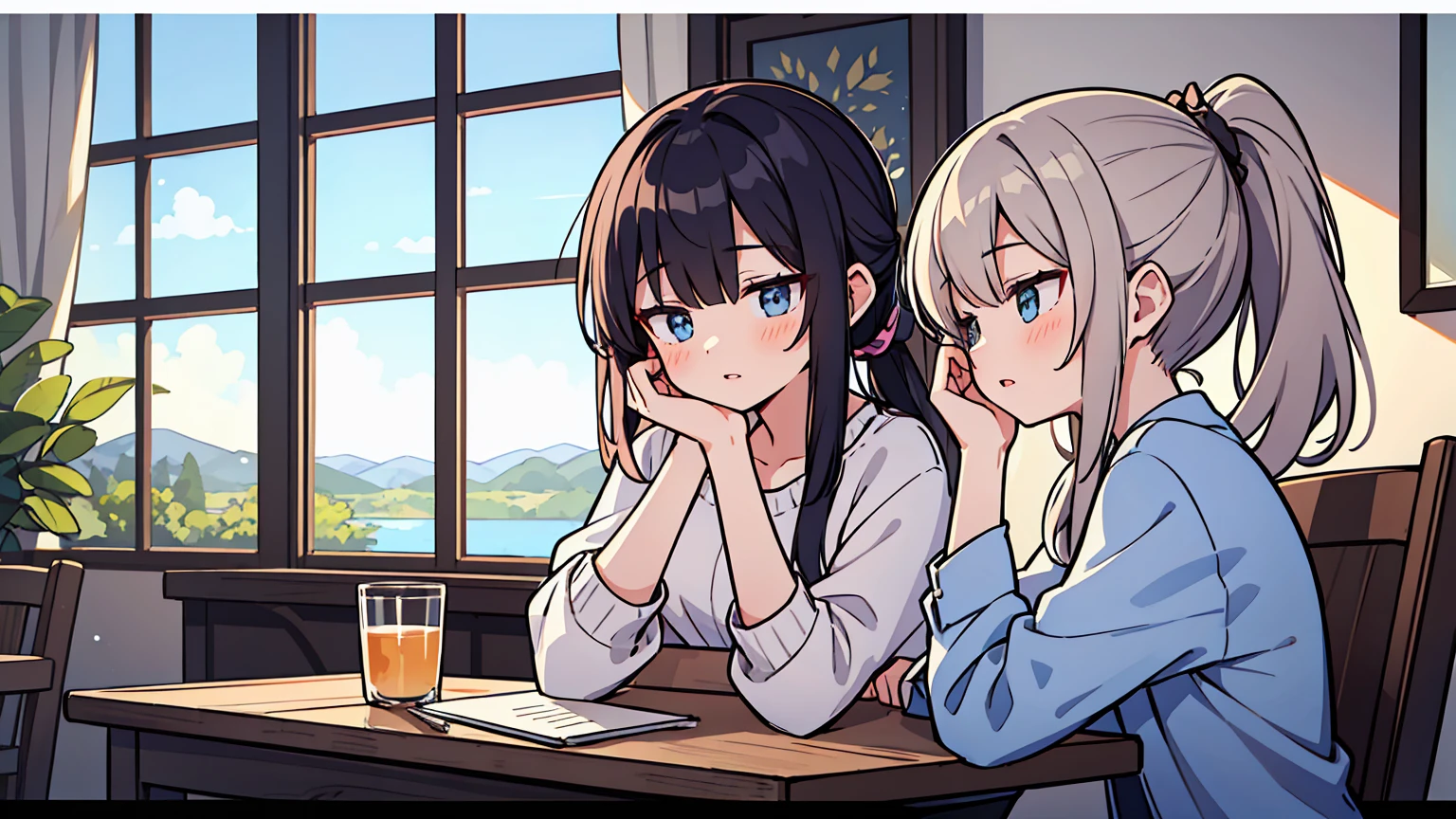(masterpiece, best quality),Two women with different faces and hairstyles, different hair colors, different faces, ponytail, letterboxed, perfection of fashion,chapped lips, casual attire, whole body, from the side,You can see the sky and lake outside the full-length window., The interior has a modern design,study at the table, eyes look at the note, together, stylish outfit,