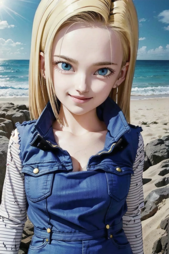 android 18,blonde hair, Long Straight hair, blue eyes, vest, black shirt, long sleeves, denim jacket, looking at viewer, smile Face, close up portrait, outside, beach, ocean, blue sky, high quality, masterpiece,  sexy body, perfect breasts, slightly torn shirt on the chest