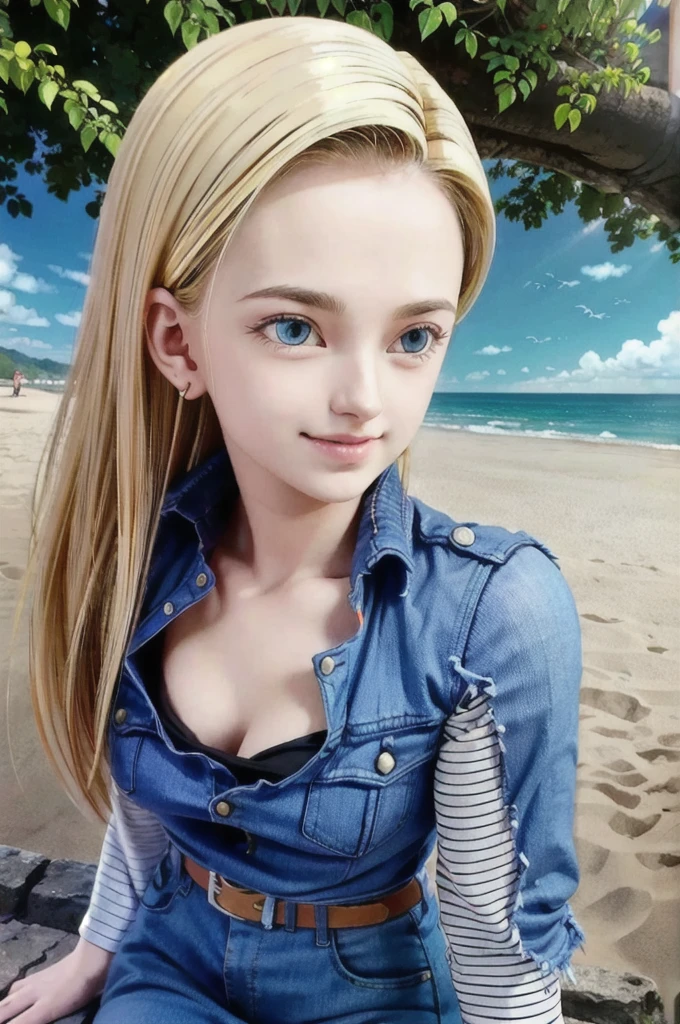 android 18,blonde hair, Long Straight hair, blue eyes, vest, black shirt, long sleeves, denim jacket, looking at viewer, smile Face, close up portrait, outside, beach, ocean, blue sky, high quality, masterpiece, sexy body, perfect breasts, slightly torn shirt on the chest