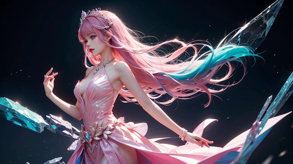 Highest quality，masterpiece，16K，One girl, bangs, Exposing shoulders, chest, Crown, crystallization, dress, From the side, gem,Colorful crystallizations,Crystal Headwear,There are many crystallizations on the clothes,Colorful Gradient Hair,カラフルなdress,Colorful crystals floating,Body crystals,Crystal Necklace,Colorful crystallization decoration,crystalline girl, Gradient Hair, jewelry, Long Hair, compensate, medium chest, Multicolored Hair, Pink Hair, alone, tiara
