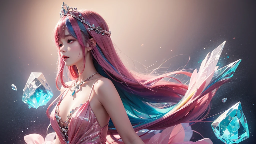 Highest quality,masterpiece,16K,One girl, bangs, Exposing shoulders, chest, Crown, crystallization, dress, From the side, gem,Colorful crystallizations,Crystal Headwear,There are many crystallizations on the clothes,Colorful Gradient Hair,カラフルなdress,Colorful crystals floating,Body crystals,Crystal Necklace,Colorful crystallization decoration,crystalline girl, Gradient Hair, jewelry, Long Hair, compensate, medium chest, Multicolored Hair, Pink Hair, alone, tiara