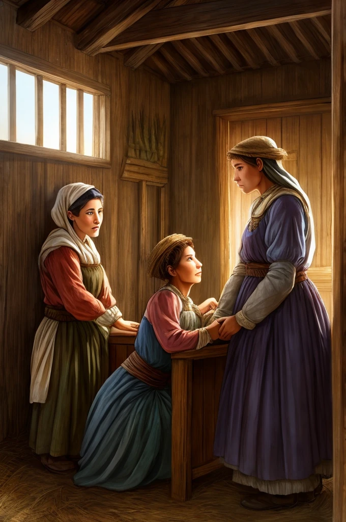 Peasant woman talking to her peasant mother and father inside a rural house