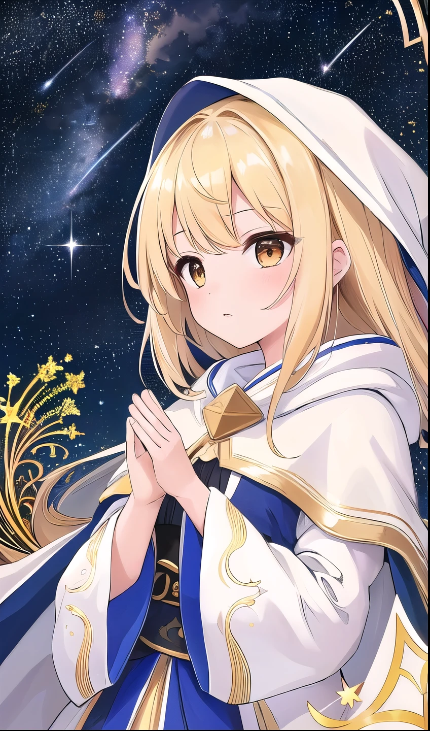 (masterpiece, Highest quality, Highest quality, Official Art, Beauty and aesthetics: 1.2), (1 girl), Extremely detailed, (Fractal Art: 1.3), colorful, Supreme detail, Perfect Face, Upper Body, High resolution, prayer, (White cloak, golden lines: 1.2), Starry Sky, shooting star, Light stripes, Surrealism.