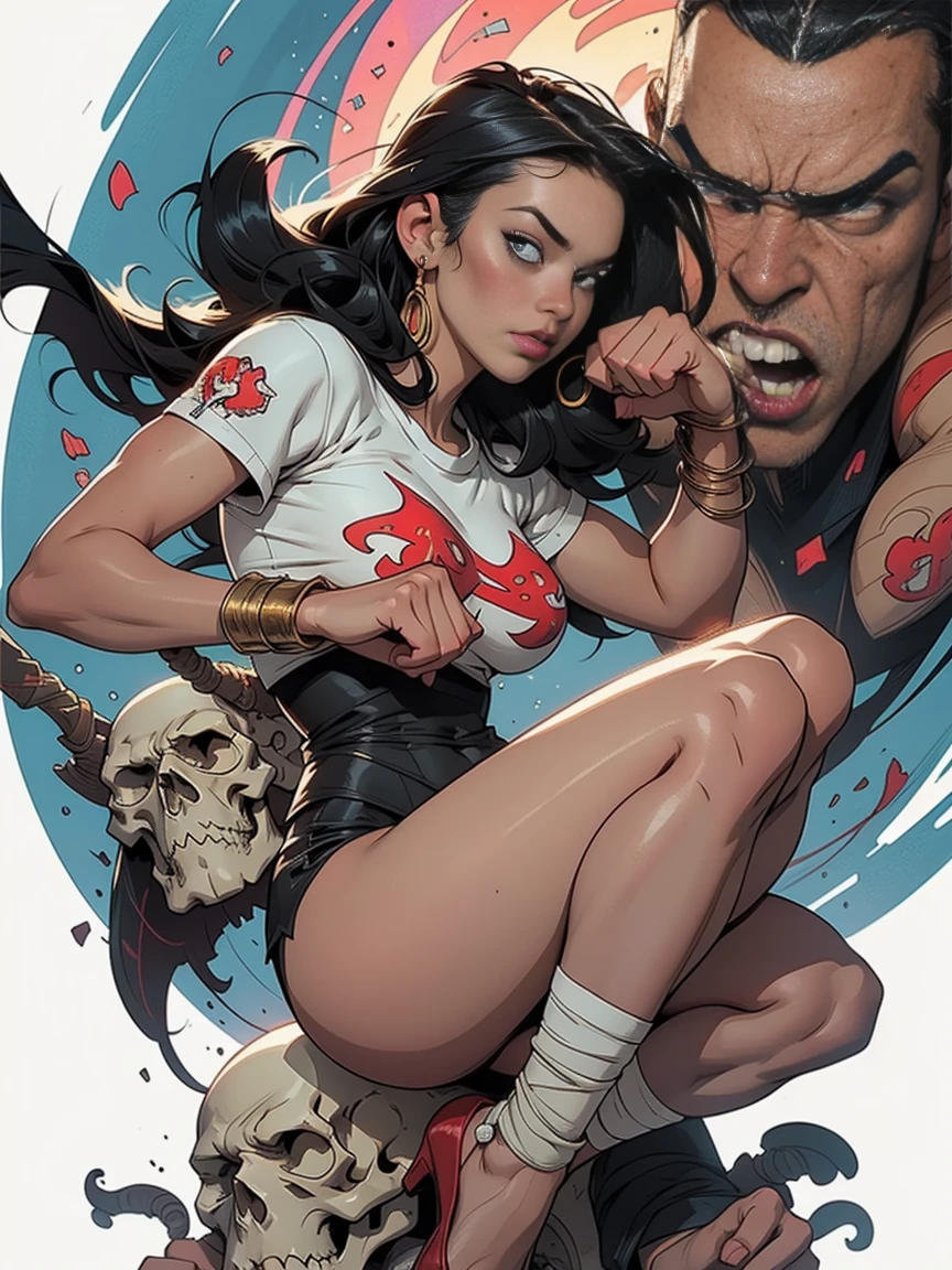 (night time scene), horor, Haunted, dead body, skulls, Vampirella sexly vestindo um maiô vermelho escuro, blood splatters, night at the cemetery, crescent moon, fullmoon, fog, gargoyle, skulls on the ground, oily shiny skin, lateral view, athletic and fit body, naughty, slutty, perfect hands, detailed hands, perfects eyes, Detailed olos, provocative, sexly, naughty, posando, hands and arms at the side, Body cute, heartistry in hand, very muscly, ultra detaild, (beautiful and clear background:1.2),, fantastic paintings ,graffiti style, flowers , a t-shirt or dress with a white blouse underneath, with both fists in fighting position, and bracelets, fighting against an enemy, with long black hair , colorful stained glass, out, Vibrant, Alphonse Mucha Style, fantastic paintings by joe madureira ,high qualiy, artistry,Kelly Brook beautiful woman with long hair , , soul, digital illustration, comic style, Perfect Anatomia, centred, approaching perfection, dynamic, highy detailed, Watercolor painting, artistrystation, artistry conceituale, Soft, sharp focus, illustration, artistry by Carne Griffiths e Wadim Kashin,large breasted,alone anime girl with a medium length pose and cute clothes, short pastel blonde hair , heterochromia, Perfect Anatomia, centred, approaching perfection, dynamic, highy detailed, character sheet, artistrystation, artistry conceituale, Soft, sharp focus, illustration, artistry by kim jung gi,, artistrygerm, Carne Griffiths e Wadim Kashin , Sasha Yakovleva, lazy, Jeremy Mann, full body shot shot, character sheet, lightning wave, beautiful anime Watercolor painting, realisitic, HDR, ultra HD, dynamic