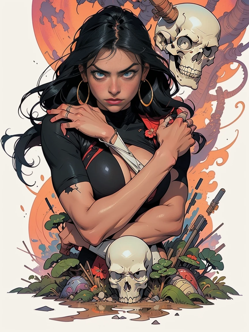 (night time scene), horor, Haunted, dead body, skulls, Vampirella sexly vestindo um maiô vermelho escuro, blood splatters, night at the cemetery, crescent moon, fullmoon, fog, gargoyle, skulls on the ground, oily shiny skin, lateral view, athletic and fit body, naughty, slutty, perfect hands, detailed hands, perfects eyes, Detailed olos, provocative, sexly, naughty, posando, hands and arms at the side, Body cute, heartistry in hand, very muscly, ultra detaild, (beautiful and clear background:1.2),, fantastic paintings ,graffiti style, flowers , a t-shirt or dress with a white blouse underneath, with both fists in fighting position, and bracelets, fighting against an enemy, with long black hair , colorful stained glass, out, Vibrant, Alphonse Mucha Style, fantastic paintings by joe madureira ,high qualiy, artistry,Kelly Brook beautiful woman with long hair , , soul, digital illustration, comic style, Perfect Anatomia, centred, approaching perfection, dynamic, highy detailed, Watercolor painting, artistrystation, artistry conceituale, Soft, sharp focus, illustration, artistry by Carne Griffiths e Wadim Kashin,large breasted,alone anime girl with a medium length pose and cute clothes, short pastel blonde hair , heterochromia, Perfect Anatomia, centred, approaching perfection, dynamic, highy detailed, character sheet, artistrystation, artistry conceituale, Soft, sharp focus, illustration, artistry by kim jung gi,, artistrygerm, Carne Griffiths e Wadim Kashin , Sasha Yakovleva, lazy, Jeremy Mann, full body shot shot, character sheet, lightning wave, beautiful anime Watercolor painting, realisitic, HDR, ultra HD, dynamic