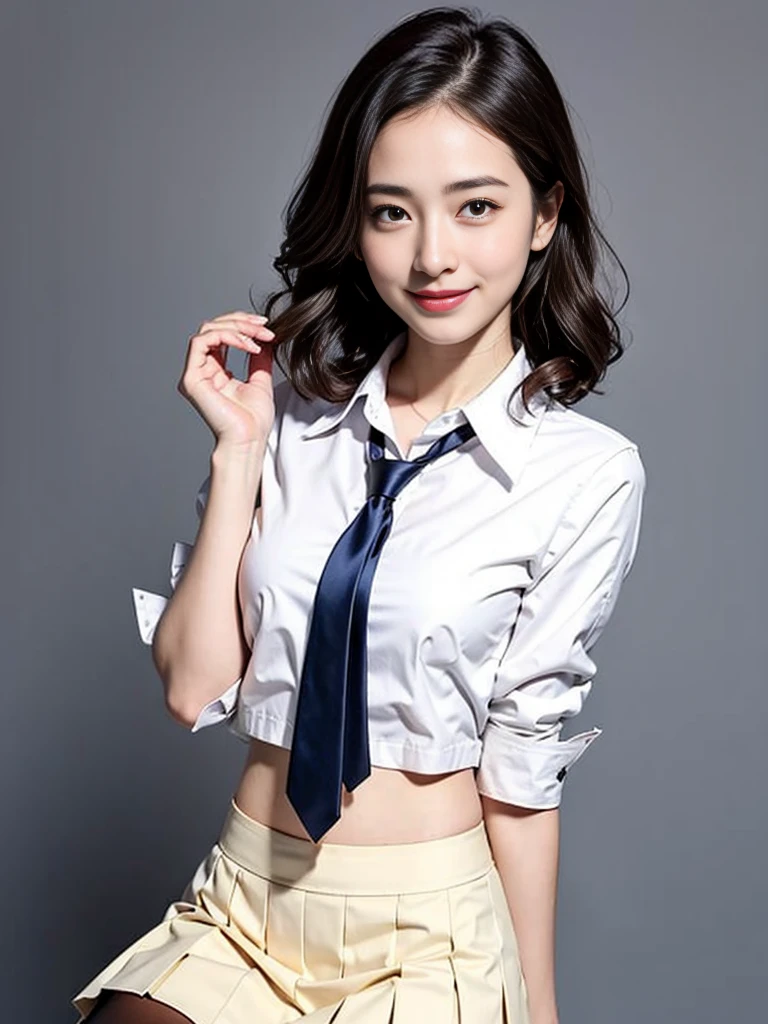 Gray background、pubic hair、Large Breasts、Thighs、(((Glaring)))、Curly Hair、Disheveled Hair、Cute woman、high school girl、White shirt、Navy frill mini skirt、Open chest shirt、tie、smile、A shirt with underwear showing through、