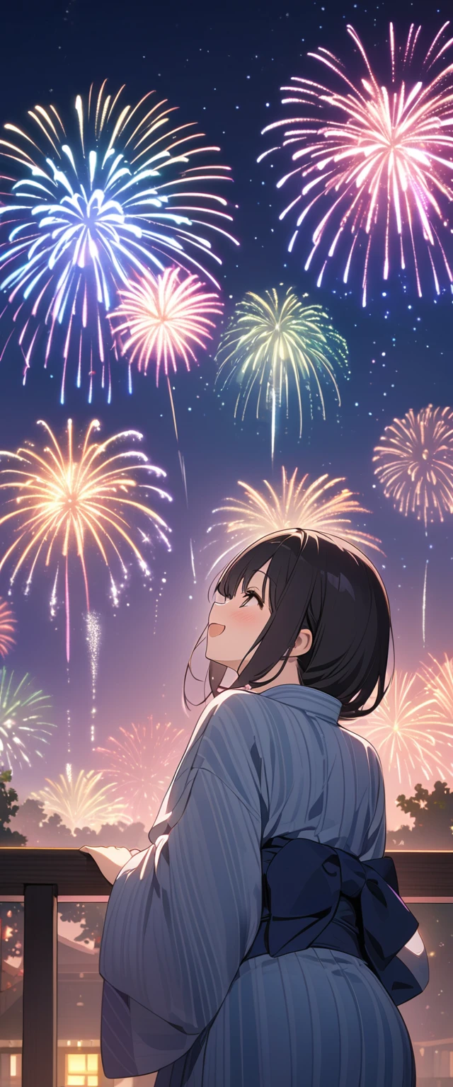 (masterpiece:1.2),(Highest quality),(Very detailed),(High resolution),8k,wallpaper,(1 female:1.5),Anime illustration,Chibi Character,cute,Girl in yukata,Look up at the sky and watch the fireworks,Back view,break((Fireworks fill the night sky,beautiful Fireworks,Colorful fireworks)),(Beautiful night sky),(Happy expression:1.5),((From below)),(Looking up at the night sky),Raise your arms,(Fine hand)