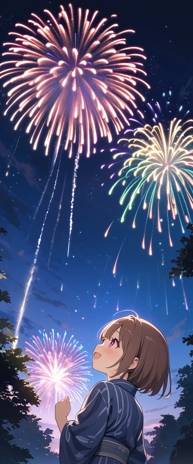 (masterpiece:1.2),(Highest quality),(Very detailed),(High resolution),8k,wallpaper,(1 female:1.5),Anime illustration,Chibi Character,cute,Girl in yukata,Look up at the sky and watch the fireworks,Back view,break((Fireworks fill the night sky,beautiful Fireworks,Colorful fireworks)),(Beautiful night sky),(Happy expression:1.5),((From below)),(Looking up at the night sky),Raise your arms,(Fine hand)
