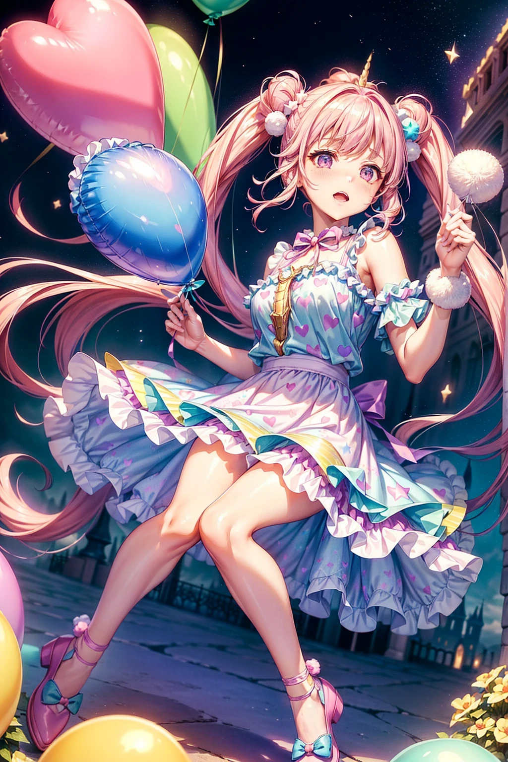 (whole body, legs and shoes visible: 1.2)) Expressive eyes, One girl, Pale skin, Long Hair, Windblown Hair, ((absurdly Long Hair)), Long Side Lock, Princess bangs, Hair bangs, Hair Bun, ((Very long twin tails)), Rainbow Hair, Light pink hair, blush, full face blush, big sparkling Pastel Purple eyes, (Gradient Eye), Laughing with your mouth open, cute pose, ((Holding a balloon : 1.3)) ((cute and pastel fashion)) ((🦄🎠🎈🎉 theme : 1.4)) A loose pastel dress, ((Dreamy multi-colored open dress)), (Floating ribbon), Lavender Frill, Pink frills, (Light blue lace), Removable short sleeves, Fluffy skirt, ((Rainbow and star printed skirt : 1.3)), Lolita Skirt, Purple ribbon, ((pom pom ribbon hair ornament : 1.4)), Multiple Bows, Striped lace stockings, (heart型のレッグガーター), cute (Pastel Purple) shoes ((Ultra-detailed clothing and fashion)) I'm watching you, Vintage Girl, blush, (Beautiful attention to detail), (Highly detailed CG Unity 8k wallpaper) (Best Shadow), ((Very delicate and beautiful)), (Detailed light), ((Depth of written boundary)) Big Head, Big, bright eyes, Moe, Splash Art, Cinema Lighting, Front view, volumetric lighting maximalist photo illustration k resolution high resolution intricate detailed complex key visuals precise linear ((Dreamy pastel sky background, Surrounded by sunset clouds, shooting star, Castle above the clouds)) ((Ultra-detailed landscapes, Foggy clouds, Hung by balloons, heart : 1.3))