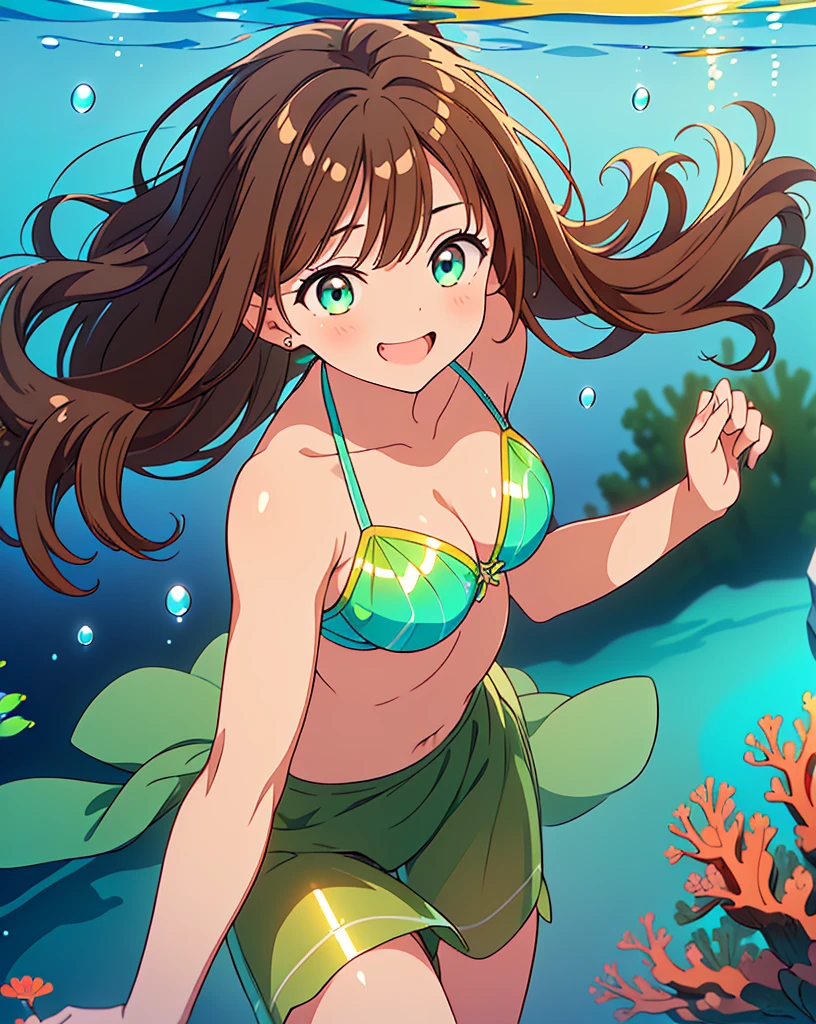 (Highest quality, 32K, High resolution, Masterpiece:1.5), A girl swimming in a beautiful ocean world, Cute anime-style illustrations, god々It has a brilliant and healing power., , Expressing emotions, Have a rich imagination, Cute Japanese Girls, Perfect Human Anatomy, Large gradient color eyes, Motherhood and generosity, Deep Love, ((A mischievous smile:1.4)), ((Shiny brown hair:1.5)), Pony Rail, Asymmetrical bangs, Hair between the eyes, Transparent, soft white skin, Sharp eyebrows, Thin lashes, Natural Makeup, Detailed and cute lips, (Green Bikini:1.2), ((Bright and beautiful underwater:1.3)), ((Colorful coral reefs:1.2)), Slim figure with ample breasts, god秘的
