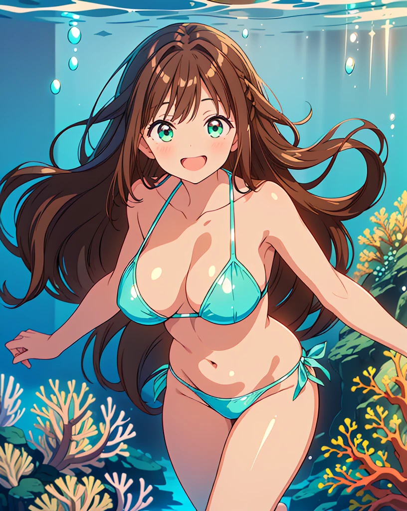 (Highest quality, 32K, High resolution, Masterpiece:1.5), A girl swimming in a beautiful ocean world, Cute anime-style illustrations, god々It has a brilliant and healing power., , Expressing emotions, Have a rich imagination, Cute Japanese Girls, Perfect Human Anatomy, Large gradient color eyes, Motherhood and generosity, Deep Love, ((A mischievous smile:1.4)), ((Shiny brown hair:1.5)), Pony Rail, Asymmetrical bangs, Hair between the eyes, Transparent, soft white skin, Sharp eyebrows, Thin lashes, Natural Makeup, Detailed and cute lips, (Green Bikini:1.2), ((Bright and beautiful underwater:1.3)), ((Colorful coral reefs:1.2)), Slim figure with ample breasts, god秘的