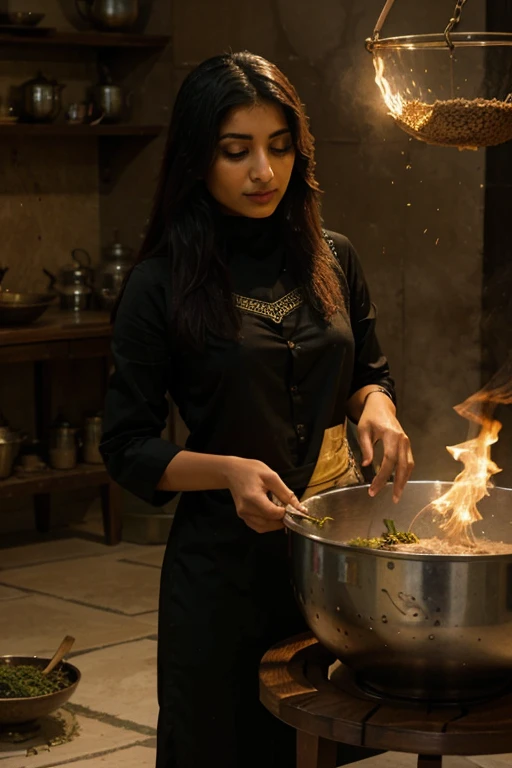 Arab Indian woman handling herbs and performing magic by levitating herbs in front of a cauldron