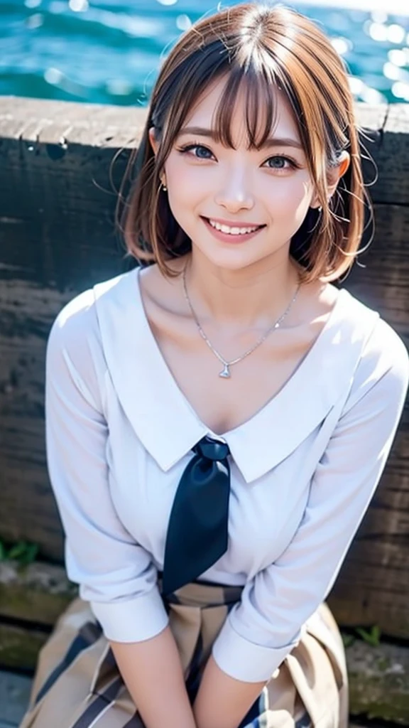 (Highest quality,masterpiece:1.3,Ultra-high resolution),(Very detailed,Caustics,8k),(Realistic:1.4,RAW shooting),18-year-old,cute,Japanese,Short brown hair that curls outwards,(Beige summer knitwear),(smile),Looking up at the camera、(Brown short skirt),blue sky,sun,Backlight,(coastline),(sunset、sunset:1.1),,(Photographed from the waist up),(Face Focus),(Face close-up),(High Situation:1.3),(High Angle:1.3),Natural light 、Embarrassed smile、Parted bangs、Big Breasts、With small earrings、Silver Necklace、((Big Breasts))、Embarrassed smile、
