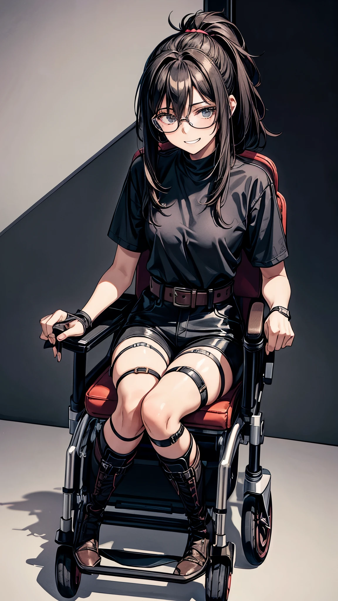 One 19 years old girl,girl in electric wheelchair,eight heads tall,thin legs,black messy hair,black middle hair,hair over eyes,glasses,dark,it hurts,scary,nervous eyes,grin,she’s riding a electric wheelchair,legs in cast,leg brace,leg brace,black meshed tops,short sleeves,micro shorts,lace up long boots,fingerless glove,knee pads,elbow pads.((the girl secured with many belts,head secured with wheelchair)).