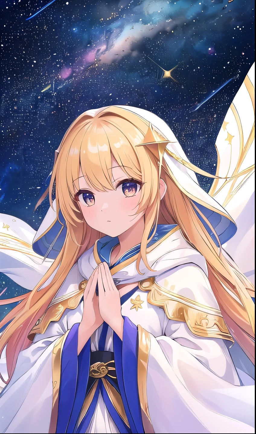(masterpiece, Highest quality, Highest quality, Official Art, Beauty and aesthetics: 1.2), (1 girl), Extremely detailed, (Fractal Art: 1.3), colorful, Supreme detail, Perfect Face, Upper Body, High resolution, prayer, (White cloak, golden lines: 1.2), Starry Sky, shooting star, Light stripes, Surrealism.