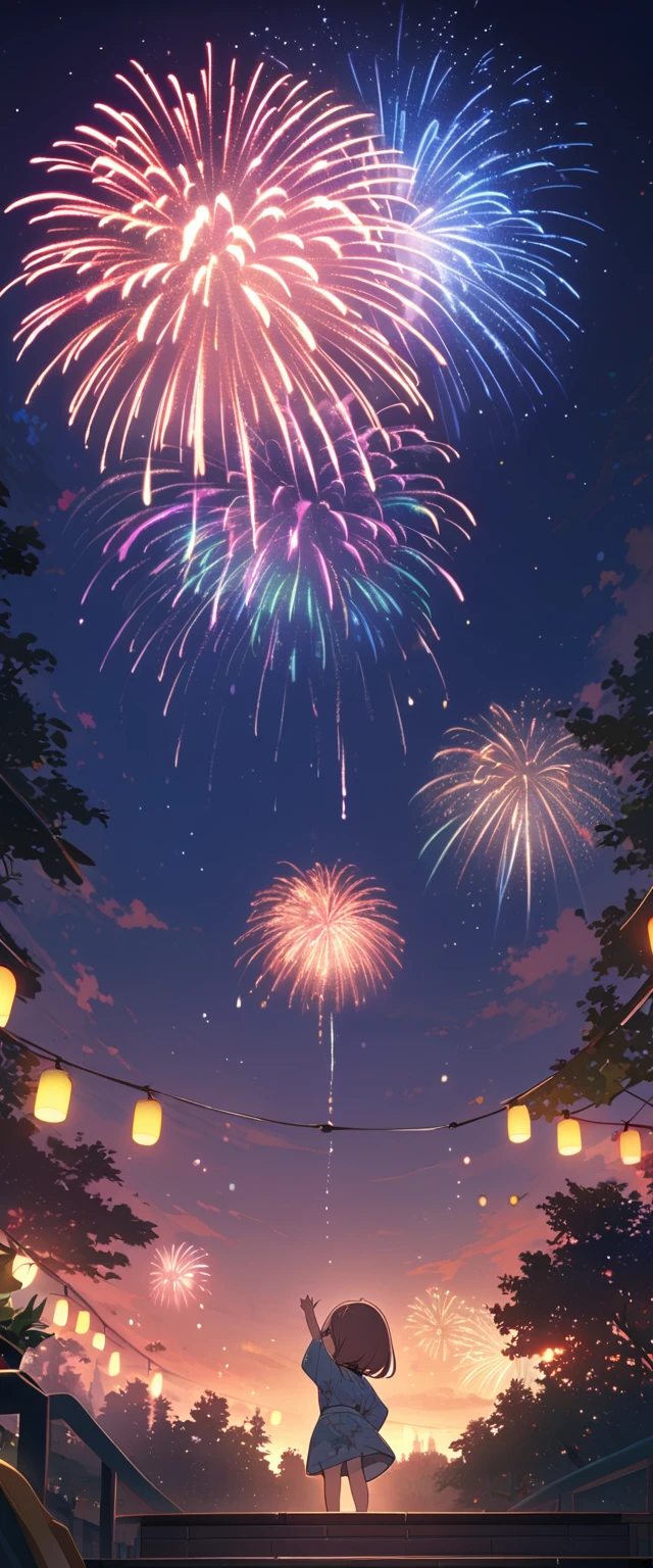 (masterpiece:1.2),(Highest quality),(Very detailed),(High resolution),8k,wallpaper,(1 female:1.5),Anime illustration,Chibi Character,cute,Girl in yukata,Look up at the sky and watch the fireworks,Back view,break((Fireworks fill the night sky,beautiful Fireworks,Colorful fireworks)),(Beautiful night sky),(Happy expression:1.5),((From below)),((dynamic)),Raise your arms,(Fine hand)