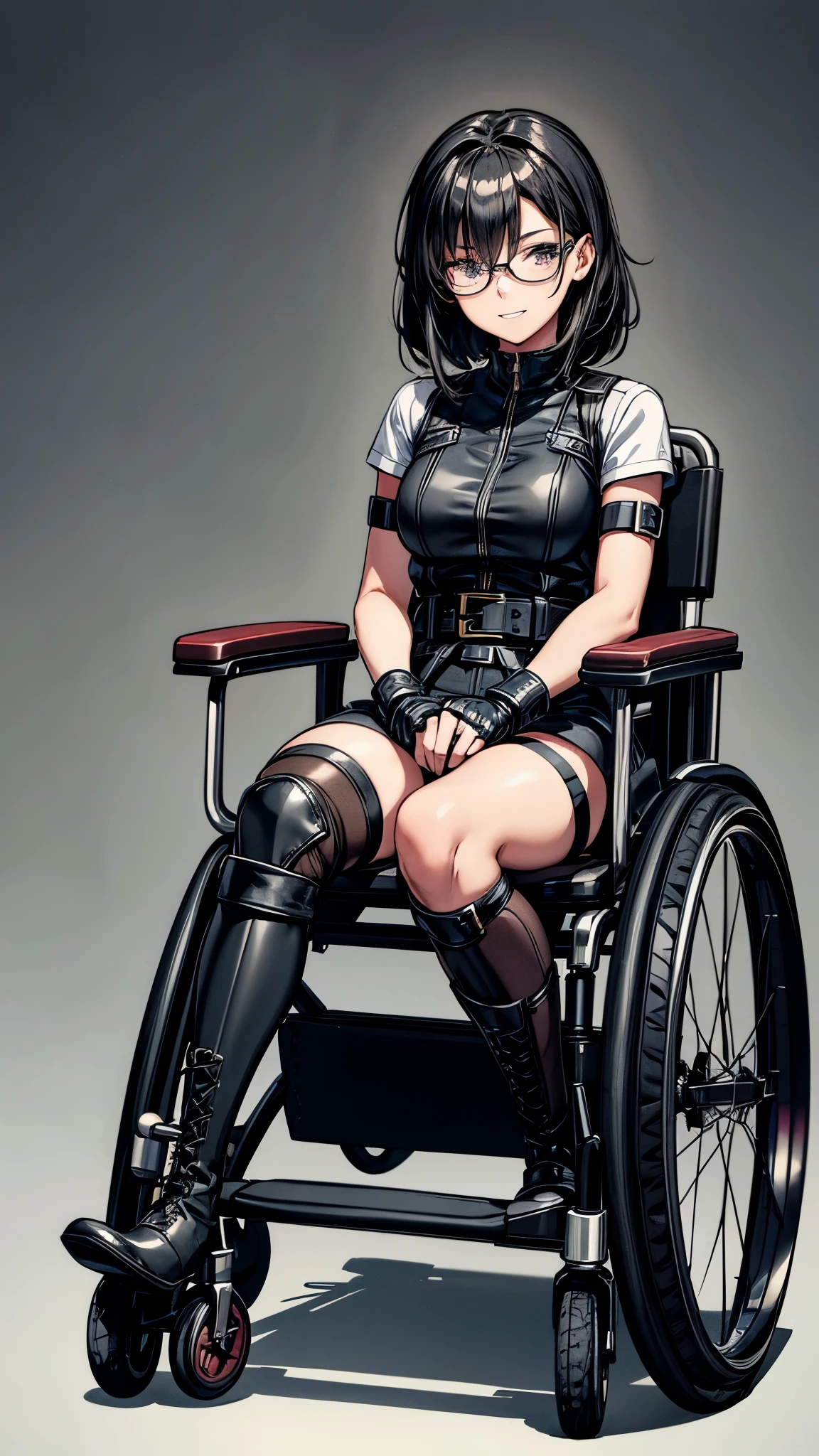 One 19 years old girl,girl in electric wheelchair,eight heads tall,thin legs,black messy hair,black middle hair,hair over eyes,glasses,dark,it hurts,scary,nervous eyes,grin,she’s riding a electric wheelchair,legs in cast,leg brace,leg brace,black meshed tops,short sleeves,micro shorts,lace up long boots,fingerless glove,knee pads,elbow pads.((the girl secured with many belts,head secured with wheelchair)).