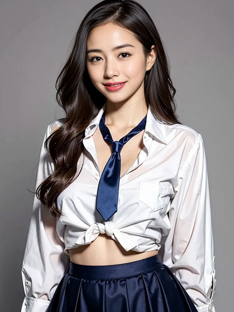 Gray background、pubic hair、Large Breasts、Thighs、(((Glaring)))、Curly Hair、Disheveled Hair、Cute woman、high school girl、White shirt、Navy frill mini skirt、Open chest shirt、tie、smile、A shirt with underwear showing through、