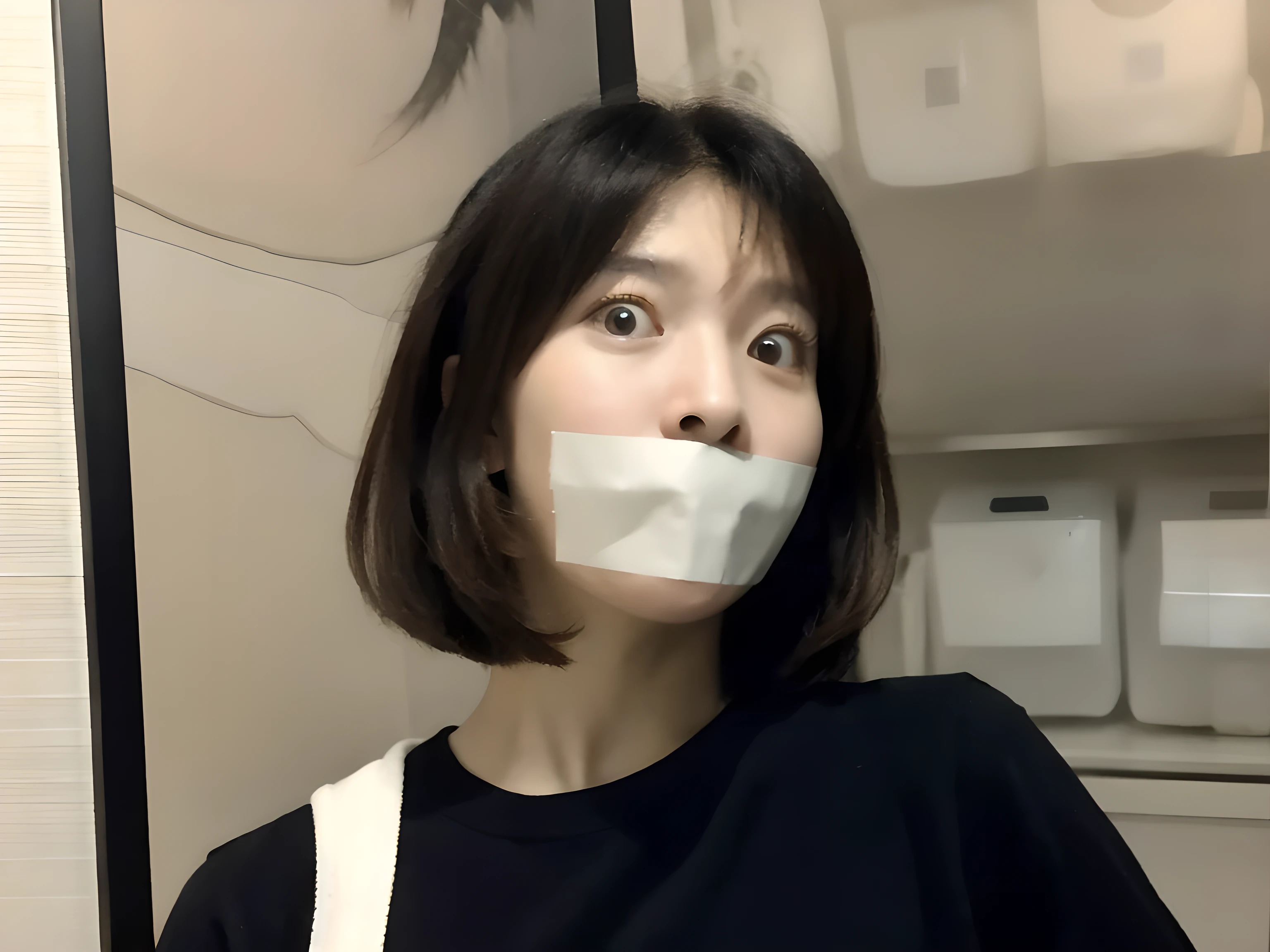 One female, selfie、face close up、cheerful smile、big tear bag、tape gag,Room lighting:none、front lighting:weak、Photo taken with iPhone、Japanese cute half-haired girl、profile、looking at the camera、black sweater, white wallpaper only, Rooms without lights、