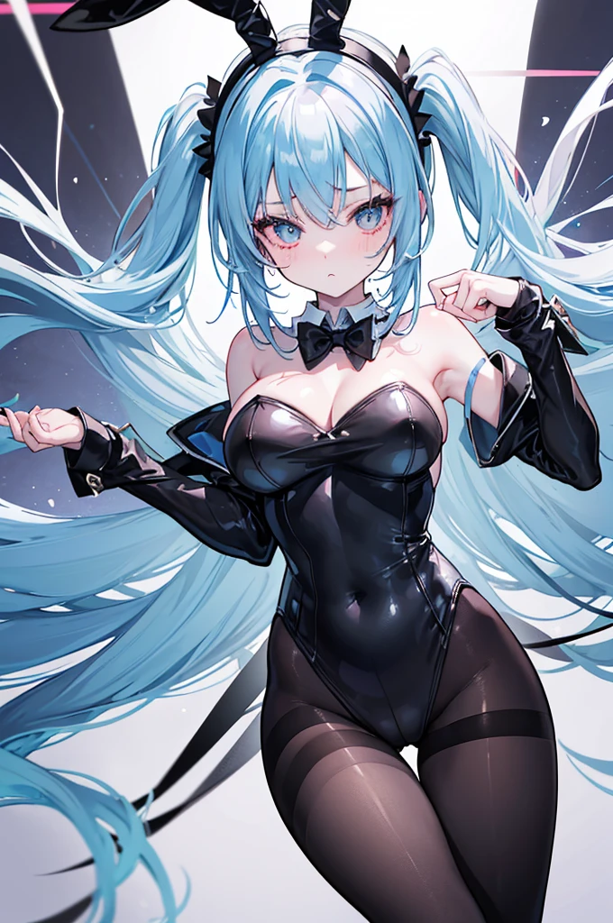 high quality,best quality,masterpiece,4k,8k,(((black bunny girl costume girl))),black bunnygirl suit,high leg costume,groin covered with black pantyhose,show off groin covered with black pantyhose,costume with white collar,eighteen years old girl,great figure,large breasts,blight pink bowtie,looking at viewer,light blue hair,pale pink inner hair color,length to shoulder twin tail hairstyle,black bunny ear headband,((all legs coverd with black pantyhose)),blush,(at dark casino),lean against casino roulette table