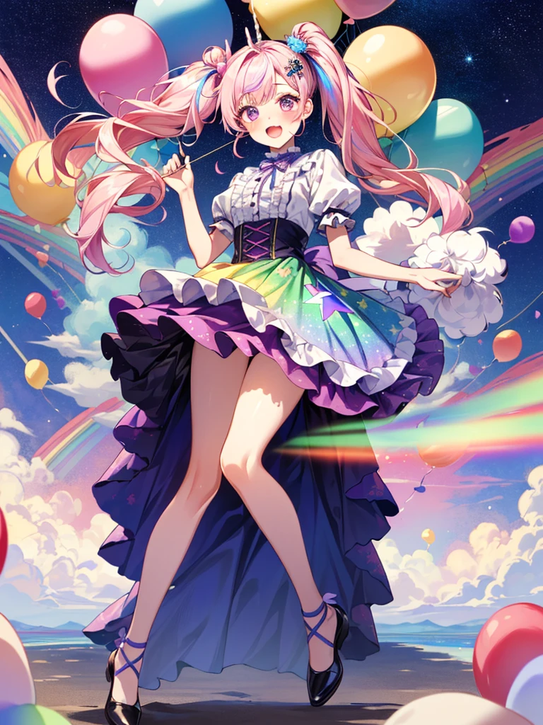 (whole body, legs and shoes visible: 1.2)) Expressive eyes, One girl, Pale skin, Long Hair, Windblown Hair, ((absurdly Long Hair)), Long Side Lock, Princess bangs, Hair bangs, Hair Bun, ((Very long twin tails)), Rainbow Hair, Light pink hair, blush, full face blush, big sparkling Pastel Purple eyes, (Gradient Eye), Laughing with your mouth open, cute pose, ((Holding a balloon : 1.3)) ((cute and pastel fashion)) ((🦄🎠🎈🎉 theme : 1.4)) A loose pastel dress, ((Dreamy multi-colored open dress)), (Floating ribbon), Lavender Frill, Pink frills, (Light blue lace), Removable short sleeves, Fluffy skirt, ((Rainbow and star printed skirt : 1.3)), ta Skirt, Purple ribbon, ((pom pom ribbon hair ornament : 1.4)), Multiple Bows, Striped lace stockings, (heart型のレッグガーター), cute (Pastel Purple) shoes ((Ultra-detailed clothing and fashion)) I&#39;m watching you, Vintage Girl, blush, (Beautiful attention to detail), (Highly detailed CG Unity 8k wallpaper) (Best Shadow), ((Very delicate and beautiful)), (Detailed light), ((Depth of written boundary)) Big Head, Big, bright eyes, Moe, Splash Art, Cinema Lighting, Front view, volumetric lighting maximalist photo illustration k resolution high resolution intricate detailed complex key visuals precise linear ((Dreamy pastel sky background, Surrounded by sunset clouds, shooting star, Castle above the clouds)) ((Ultra-detailed landscapes, Foggy clouds, Hung by balloons, heart : 1.3))