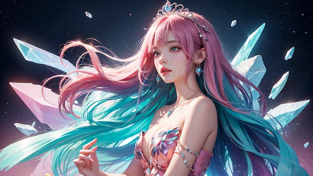 Highest quality,masterpiece,16K,One girl, bangs, Exposing shoulders, chest, Crown, crystallization, dress, From the side, gem,Colorful crystallizations,Crystal Headwear,There are many crystallizations on the clothes,Colorful Gradient Hair,カラフルなdress,Colorful crystals floating,Body crystals,Crystal Necklace,Colorful crystallization decoration,crystalline girl, Gradient Hair, jewelry, Long Hair, compensate, medium chest, Multicolored Hair, Pink Hair, alone, tiara