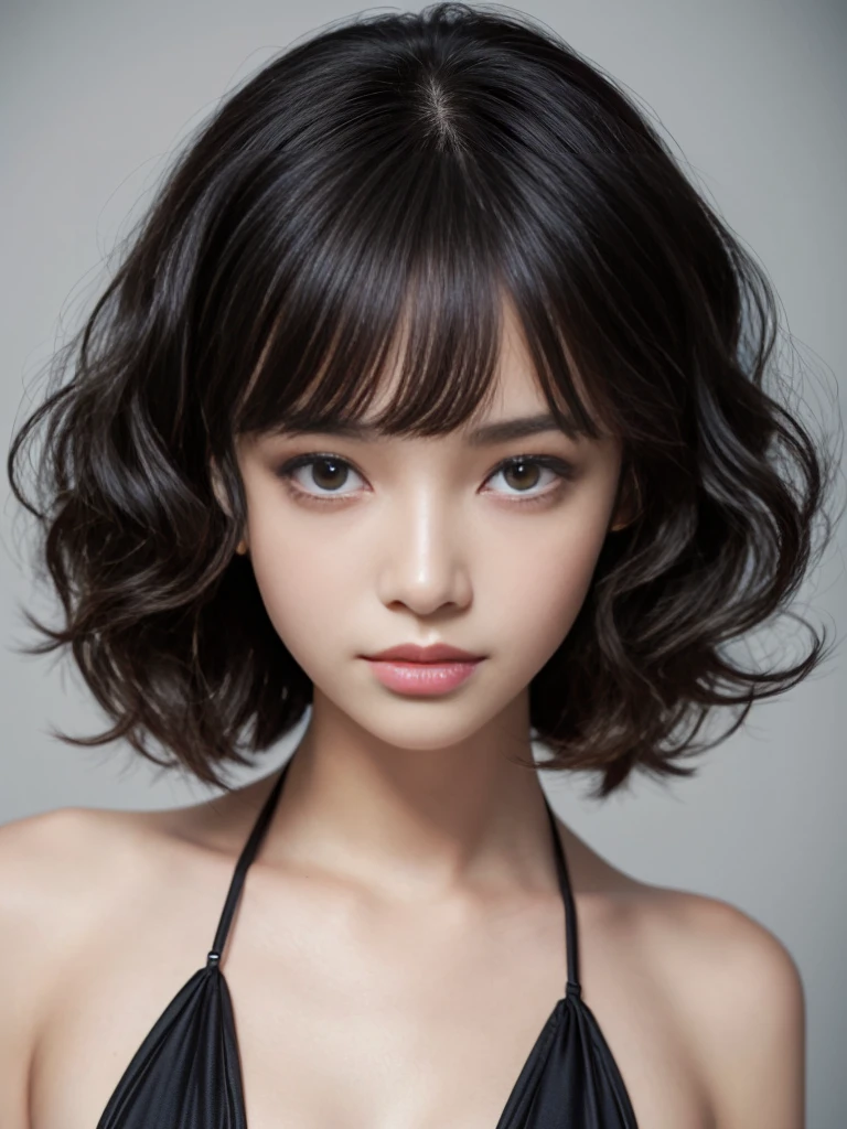 (Highest quality, Very detailed, masterpiece:1.2), 1 female, Very thin body, length, Thin legs, ((Black wavy short hair:1.2)), ((Thick and fluffy bangs)), Very detailedな顔,A faint smile, small, Thin Nose, small thin mouth, Extremely sharply focused eyes, Japanese, Beautiful Face, Realistic eyes, Beautiful and beautiful eyes, Realistic Skin, Beautiful Skin, charm, (Lively Faces), (flowing micro bikini), Creepy and unique hairstyles, High resolution, Vibrant color palette, , Tim Burton's signature dark shadows and strange details, Shooting from below,background