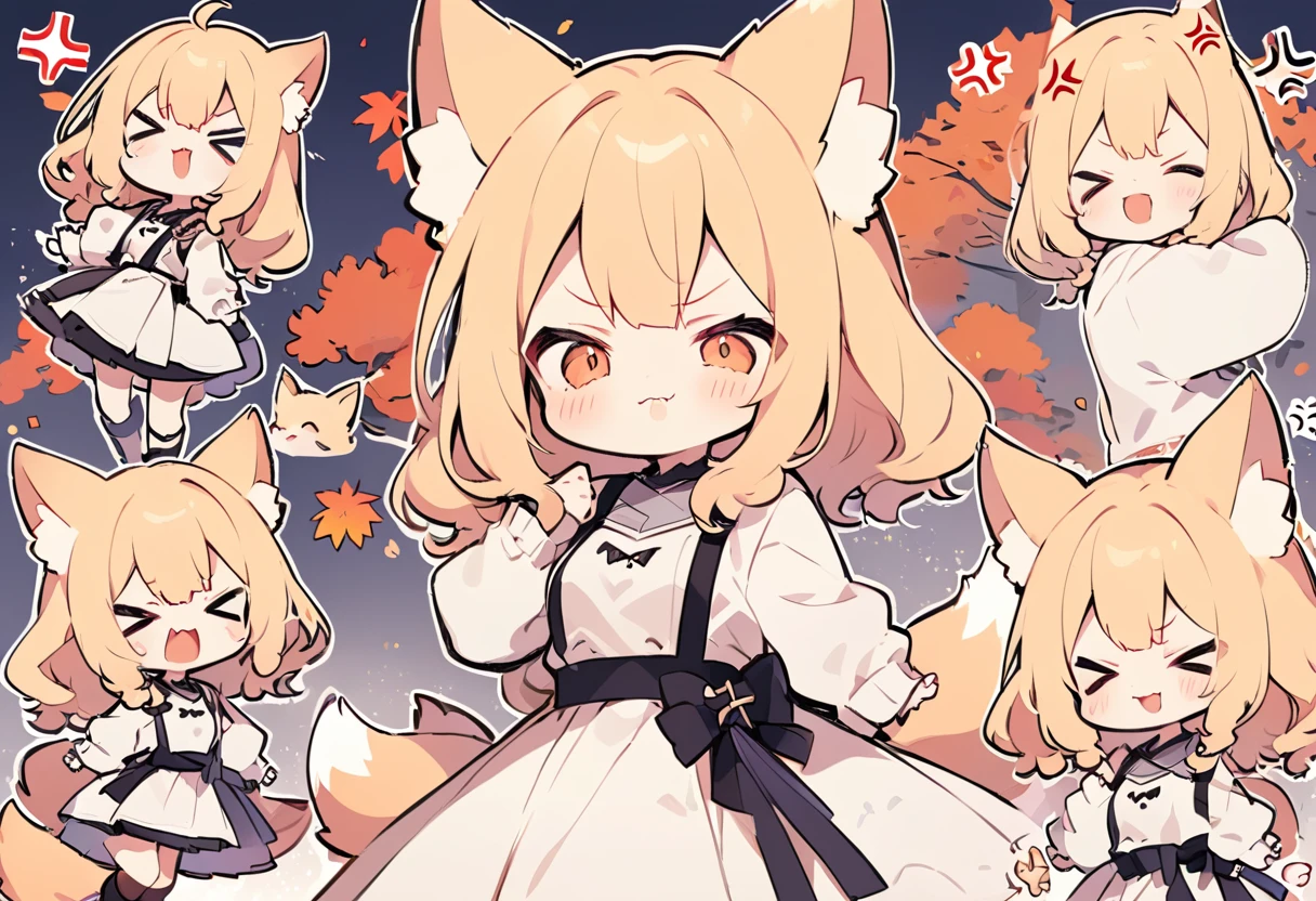 Anime, two heads, cute fox girl, autumn, multiple poses and expressions, different angles, character sheet, fashionable clothes, illustration, white background, joy, anger, sadness