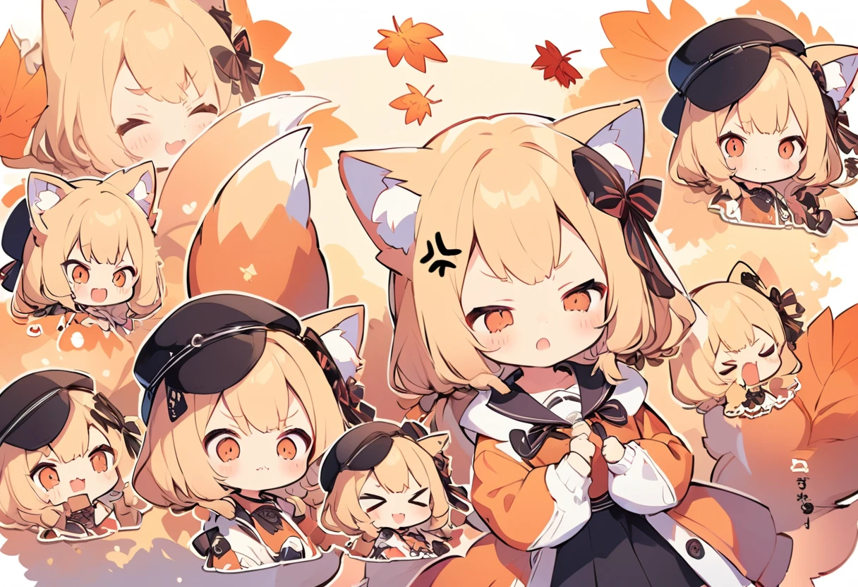 Anime, two heads, cute fox girl, autumn, multiple poses and expressions, different angles, character sheet, fashionable clothes, illustration, white background, joy, anger, sadness